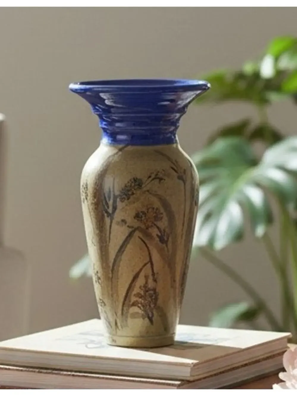 Tom Briney Signed Art Pottery Vase Floral Brown Blue 8.5